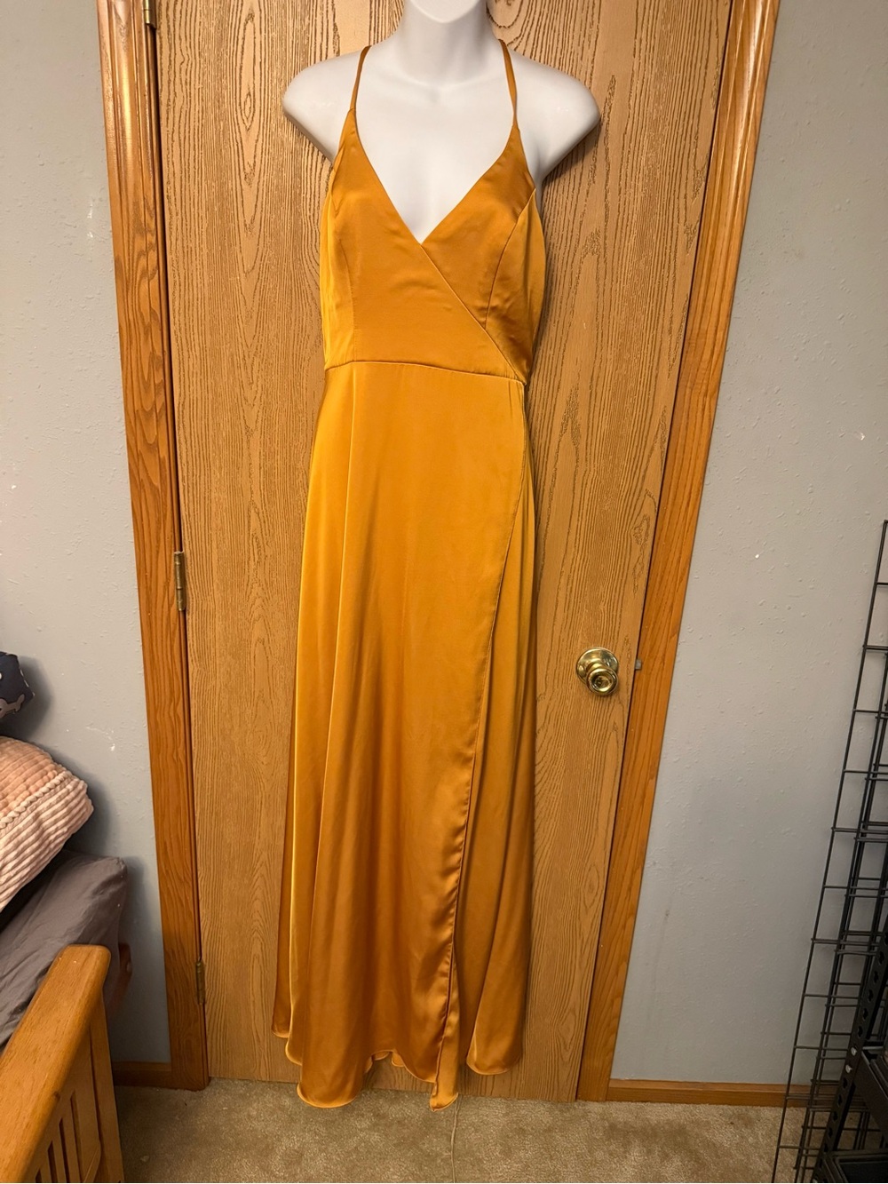 Azazie Gold Satin Slip Maxi Dress